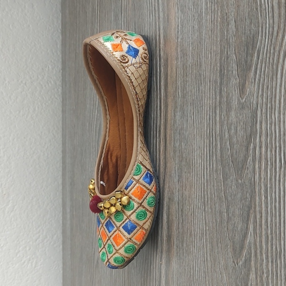 Girls Indian Punjabi Colorful Flat Shoes Bells On Vamp Size 2 Blue Gold Orange - Picture 5 of 13